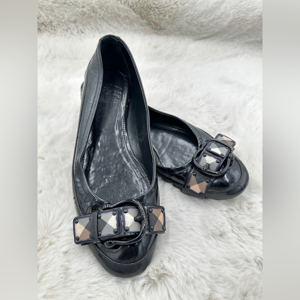 Burberry Ballet‎ Flats Round Toe Nova Check Patent Leather Black 39 US 9